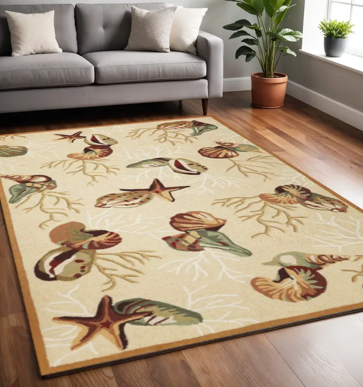5' X 7' Beige And Brown Seashell and Coral Hand Hooked Area Rug