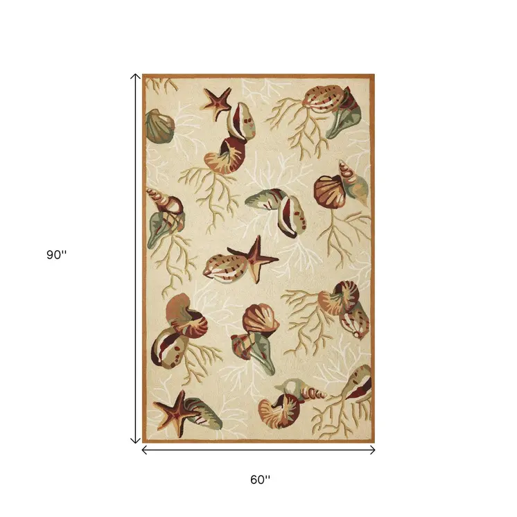 5' X 7' Beige And Brown Seashell and Coral Hand Hooked Area Rug