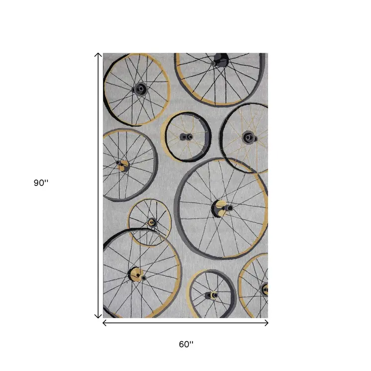 5' X 8' Gray Black And Yellow Abstract Geometric Hand Hooked Area Rug