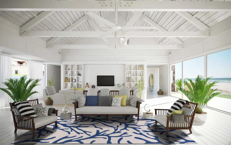 5' X 7' Ivory And Blue Coral Hand Hooked Area Rug