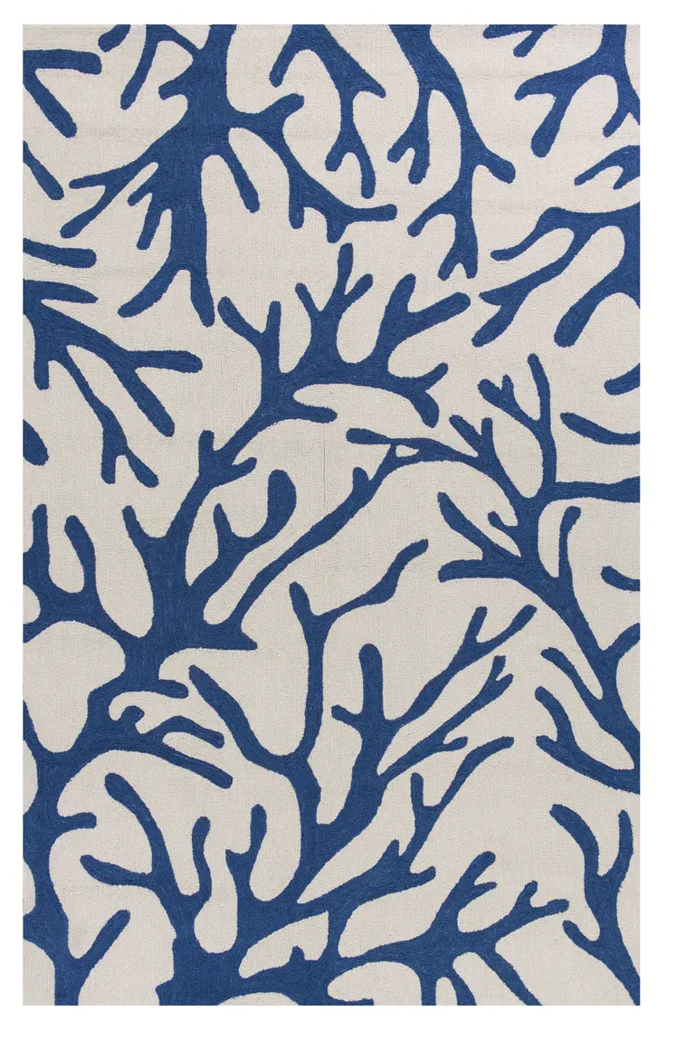 5' X 7' Ivory And Blue Coral Hand Hooked Area Rug