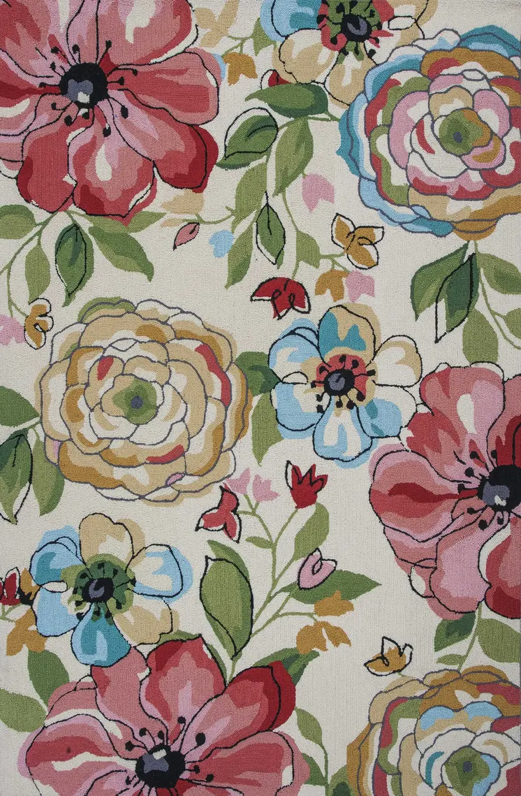 5' X 8' Sand Beige And Red Floral Hand Hooked Area Rug