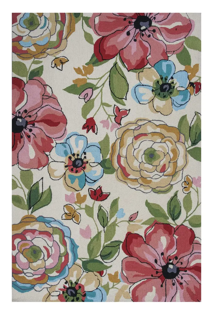 5' X 8' Sand Beige And Red Floral Hand Hooked Area Rug