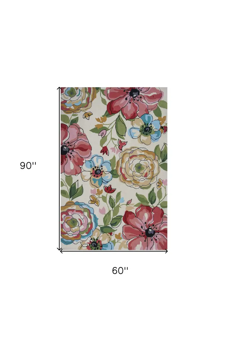 5' X 8' Sand Beige And Red Floral Hand Hooked Area Rug