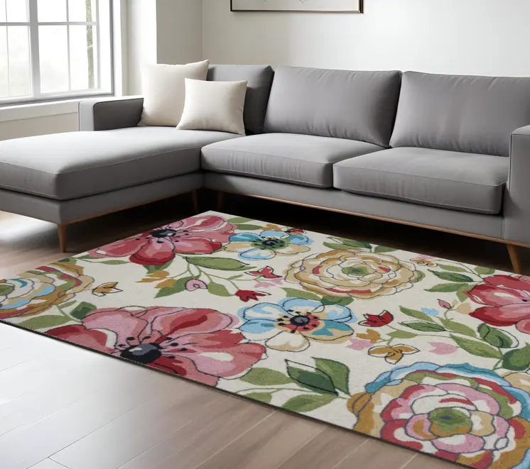 5' X 8' Sand Beige And Red Floral Hand Hooked Area Rug