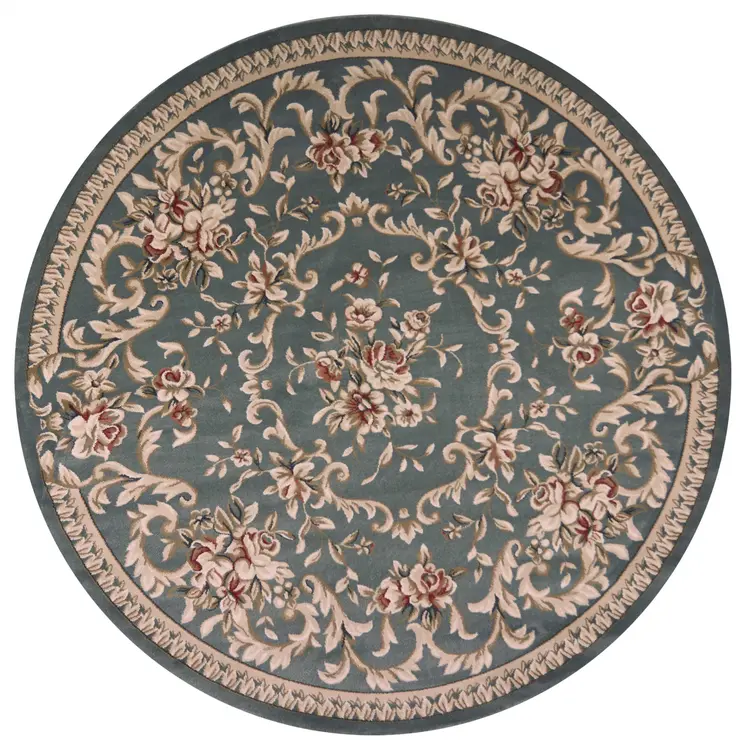 8' Slate Blue And Red Floral Round Rug