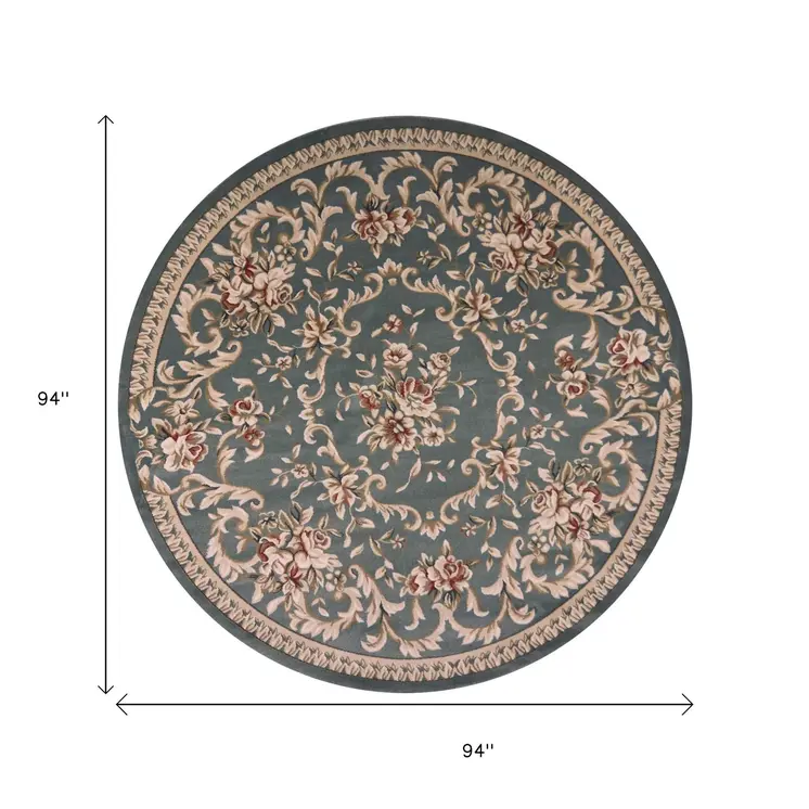8' Slate Blue And Red Floral Round Rug