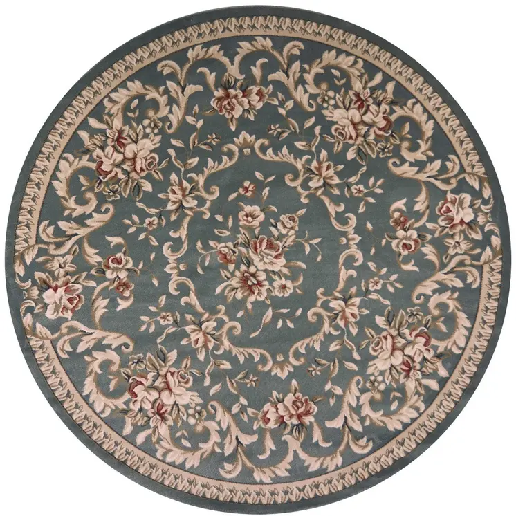 8' Slate Blue And Red Floral Round Rug