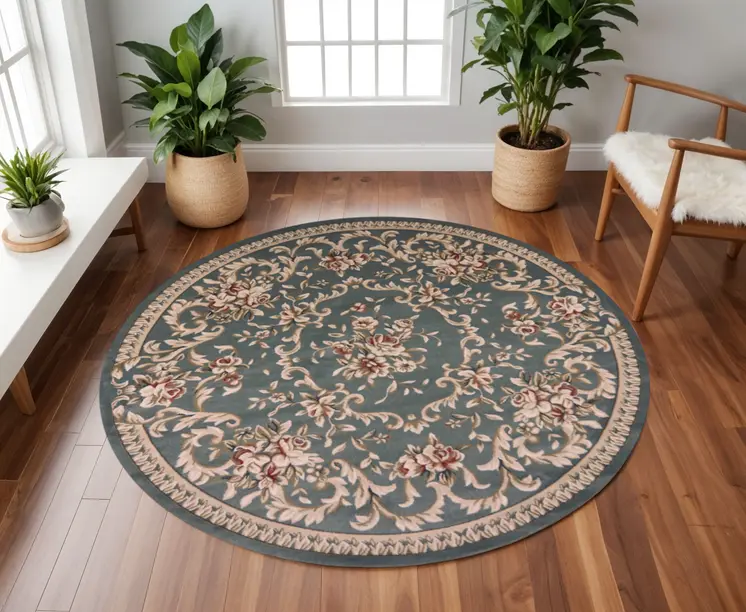 8' Slate Blue And Red Floral Round Rug