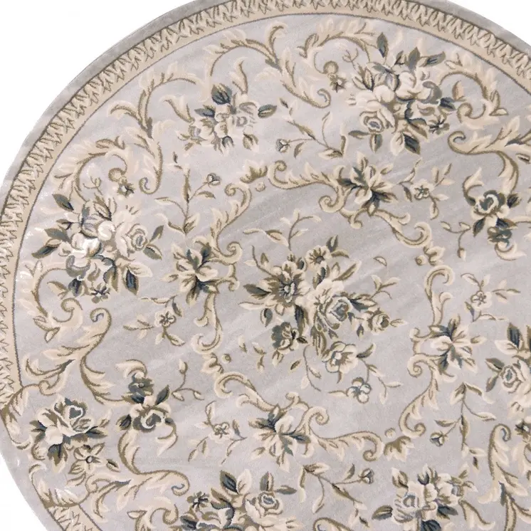 8' Light Gray And Green Floral Round Rug