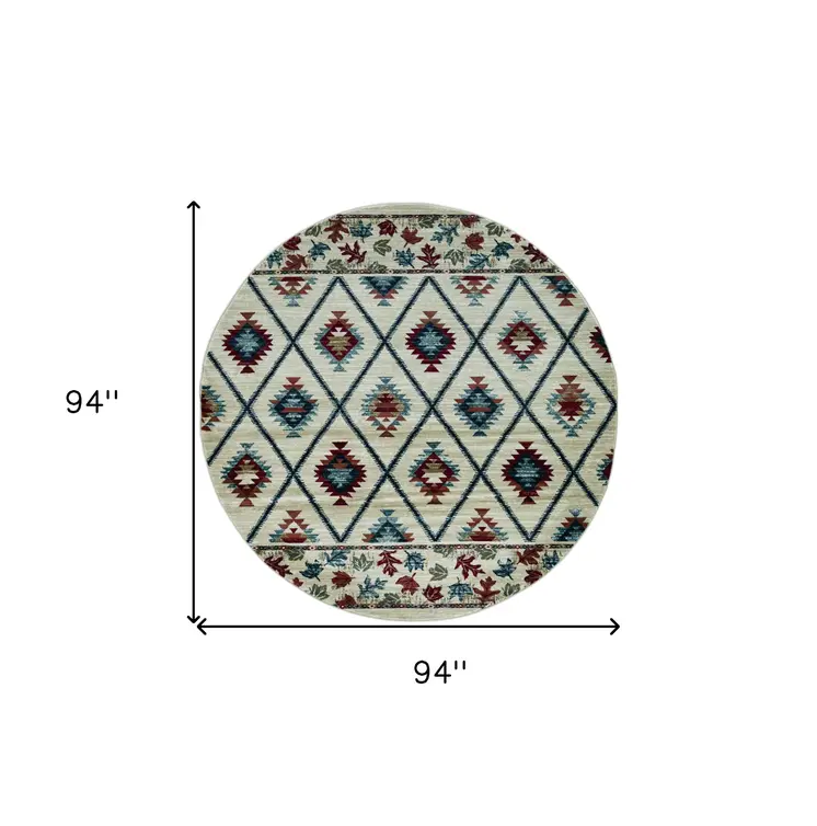 8' Ivory Blue And Red Geometric Round Rug