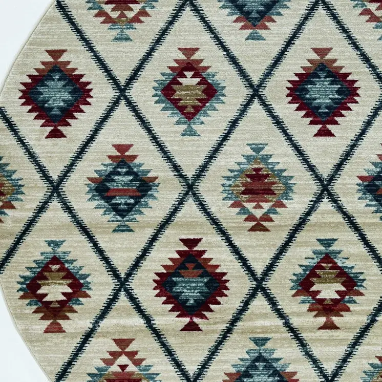 8' Ivory Blue And Red Geometric Round Rug
