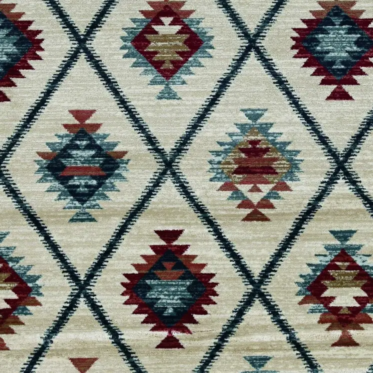 8' Ivory Blue And Red Geometric Round Rug