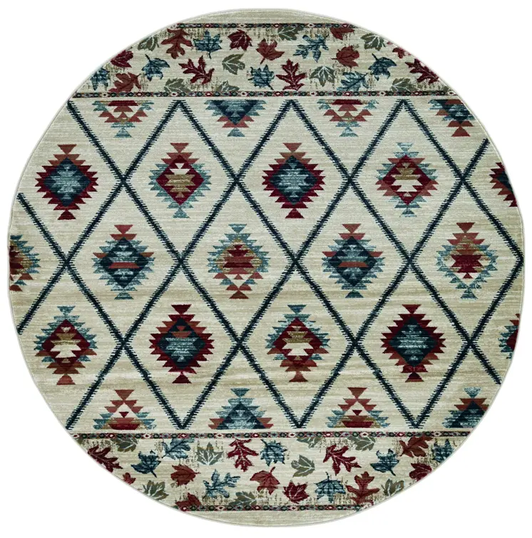 8' Ivory Blue And Red Geometric Round Rug