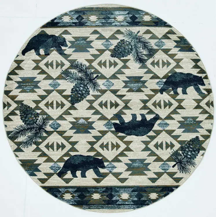 8' Ivory And Blue Geometric Round Rug