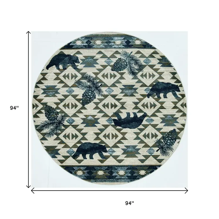 8' Ivory And Blue Geometric Round Rug