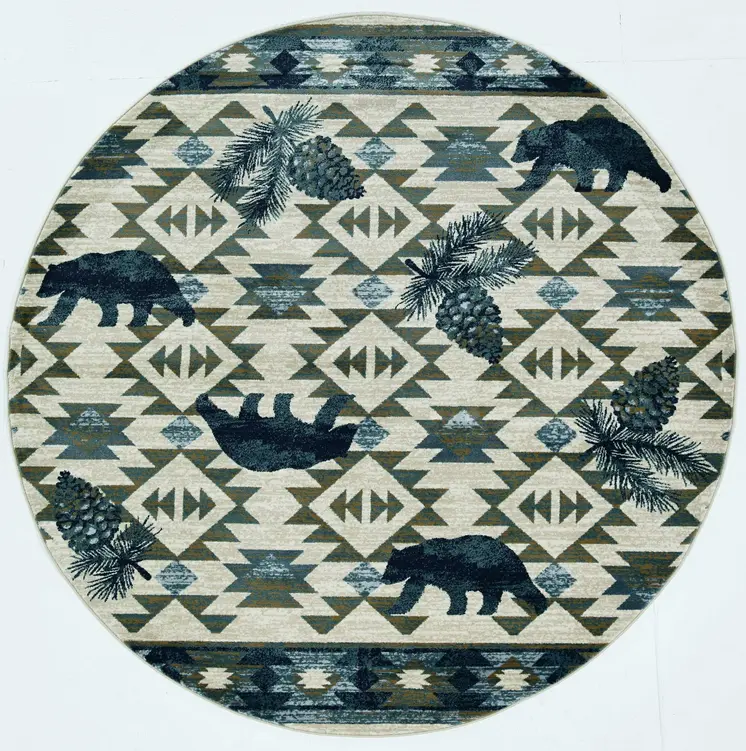 8' Ivory And Blue Geometric Round Rug