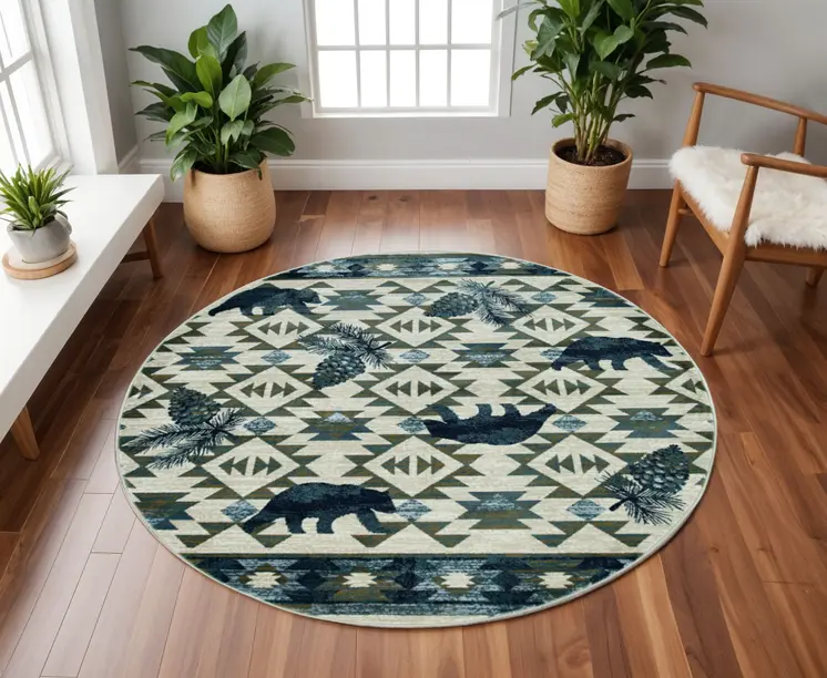 8' Ivory And Blue Geometric Round Rug