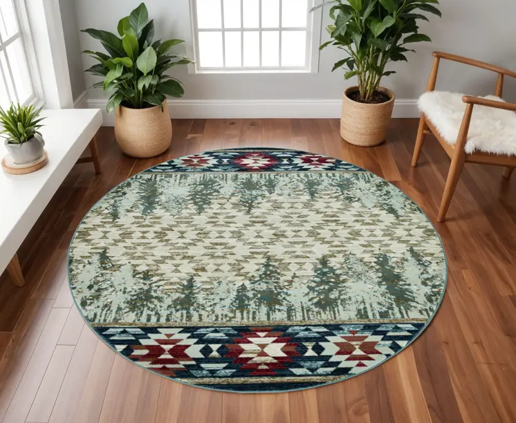 8' Ivory And Blue Abstract Round Rug