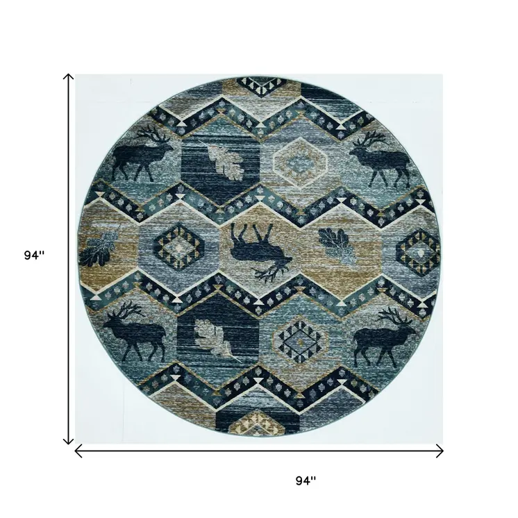 8' Blue And Green Round Geometric Area Rug