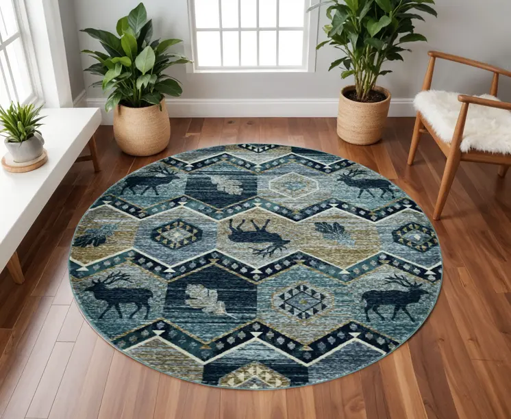 8' Blue And Green Round Geometric Area Rug