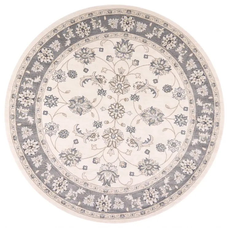 8' Ivory And Gray Floral Round Rug