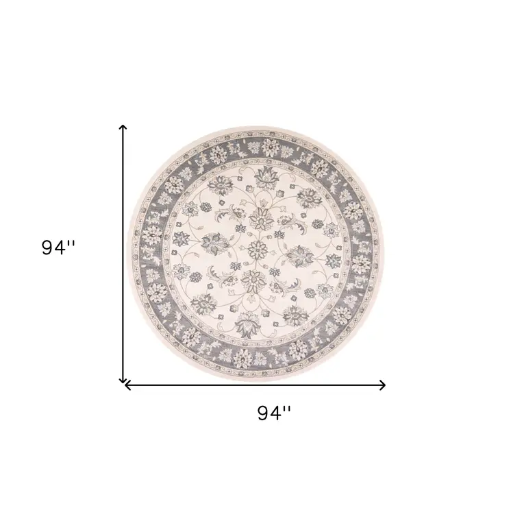 8' Ivory And Gray Floral Round Rug