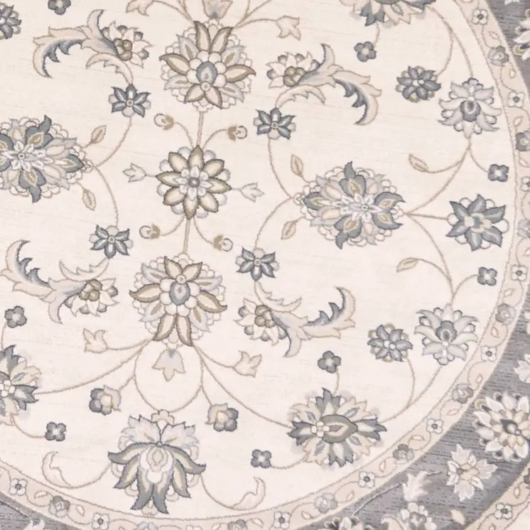 8' Ivory And Gray Floral Round Rug