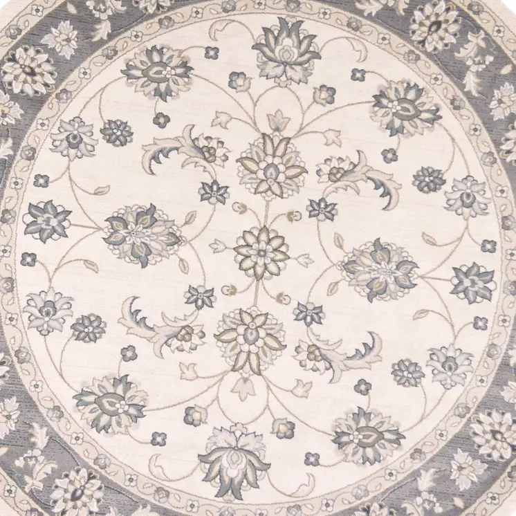 8' Ivory And Gray Floral Round Rug