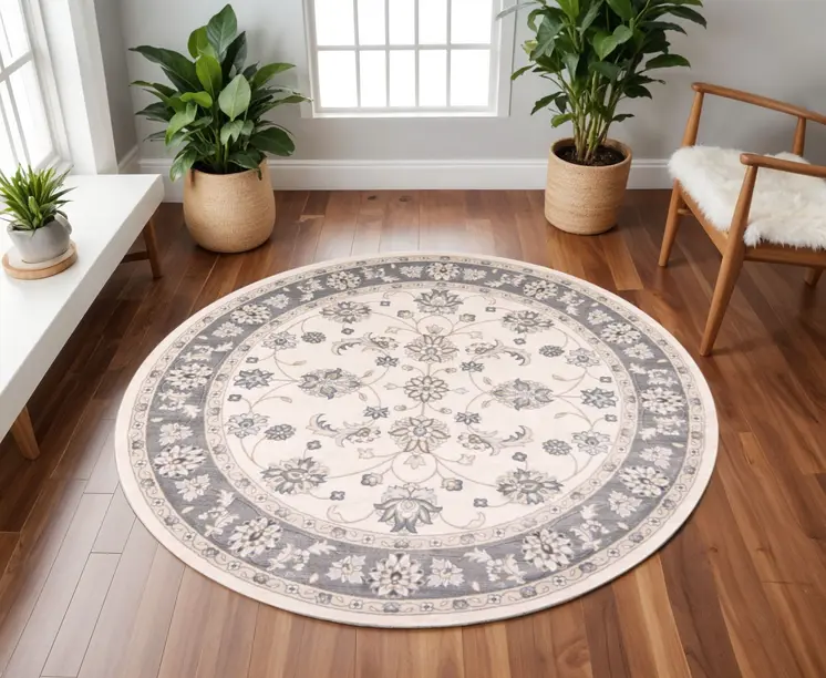8' Ivory And Gray Floral Round Rug