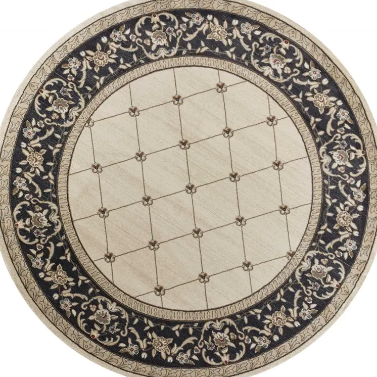 8' Ivory And Gray Floral Round Rug