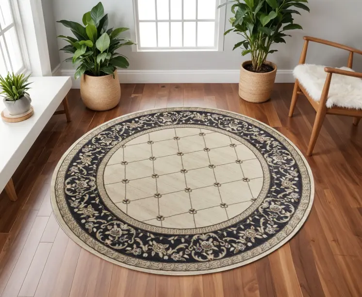 8' Ivory And Gray Floral Round Rug