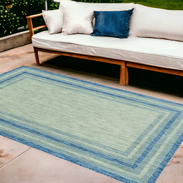8' X 11' Blue And Gray Striped Indoor Outdoor Area Rug