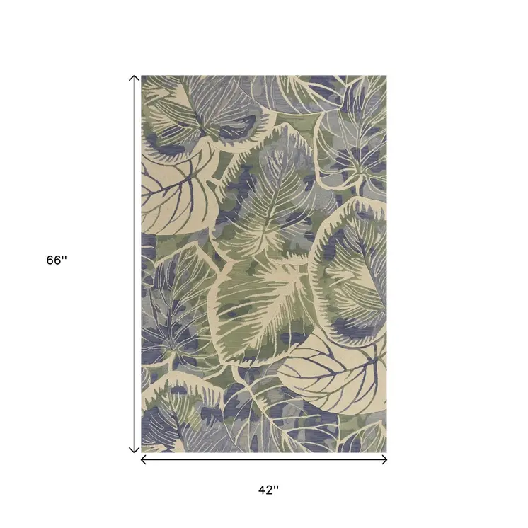 3' X 5' Blue And Green Wool Botanical Leaves Hand Tufted Area Rug