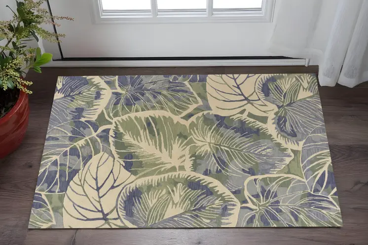 3' X 5' Blue And Green Wool Botanical Leaves Hand Tufted Area Rug