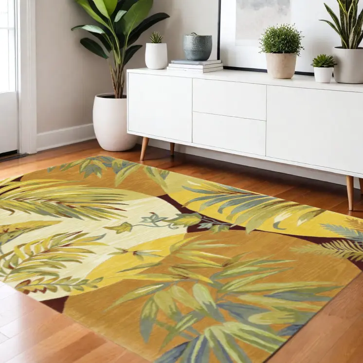 4' X 6' Coral Green And Ivory Wool Botanical Leaves Hand Tufted Area Rug