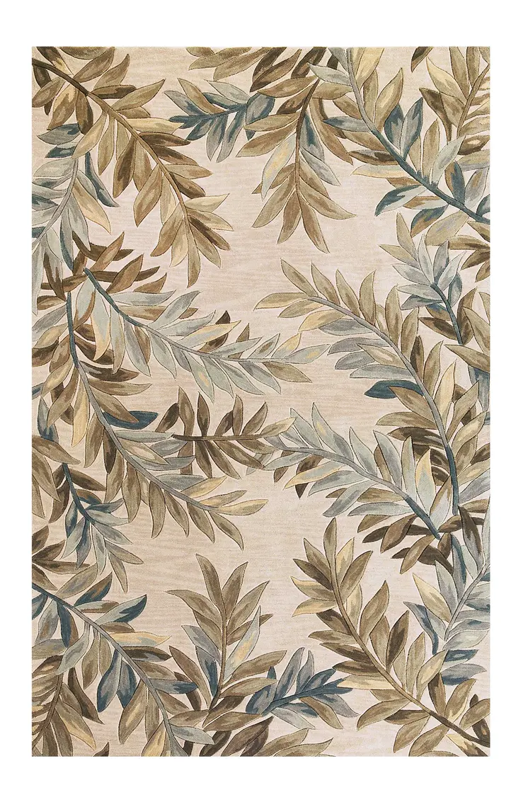 3' X 5' Ivory Brown And Blue Wool Botanical Leaves Hand Tufted Area Rug