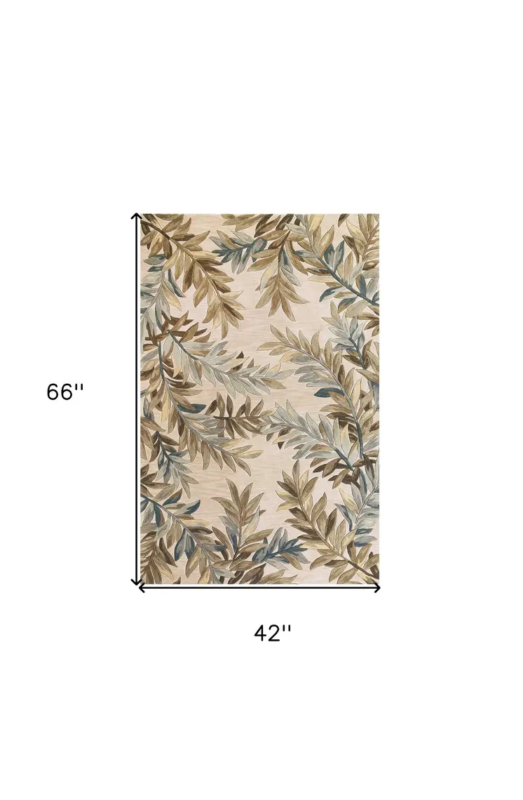 3' X 5' Ivory Brown And Blue Wool Botanical Leaves Hand Tufted Area Rug