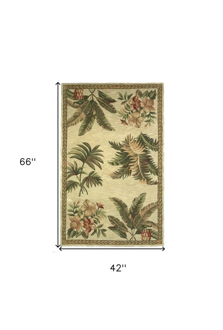 4' X 6' Ivory and Green Tropical Botanical Hand Tufted Area Rug