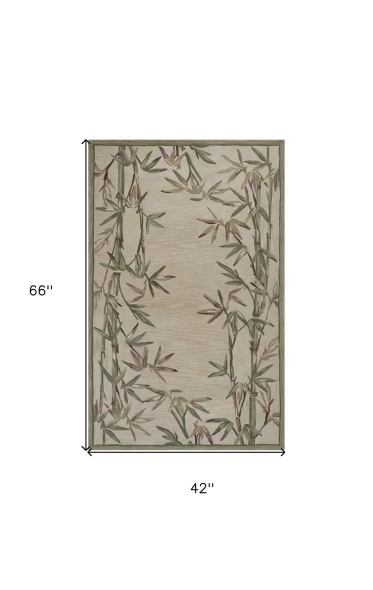 3' X 5' Ivory Bamboo Bordered Wool Indoor Area Rug