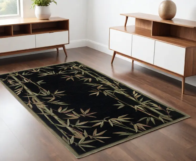 4' X 6' Black Hand Tufted Bordered Bamboo Indoor Area Rug