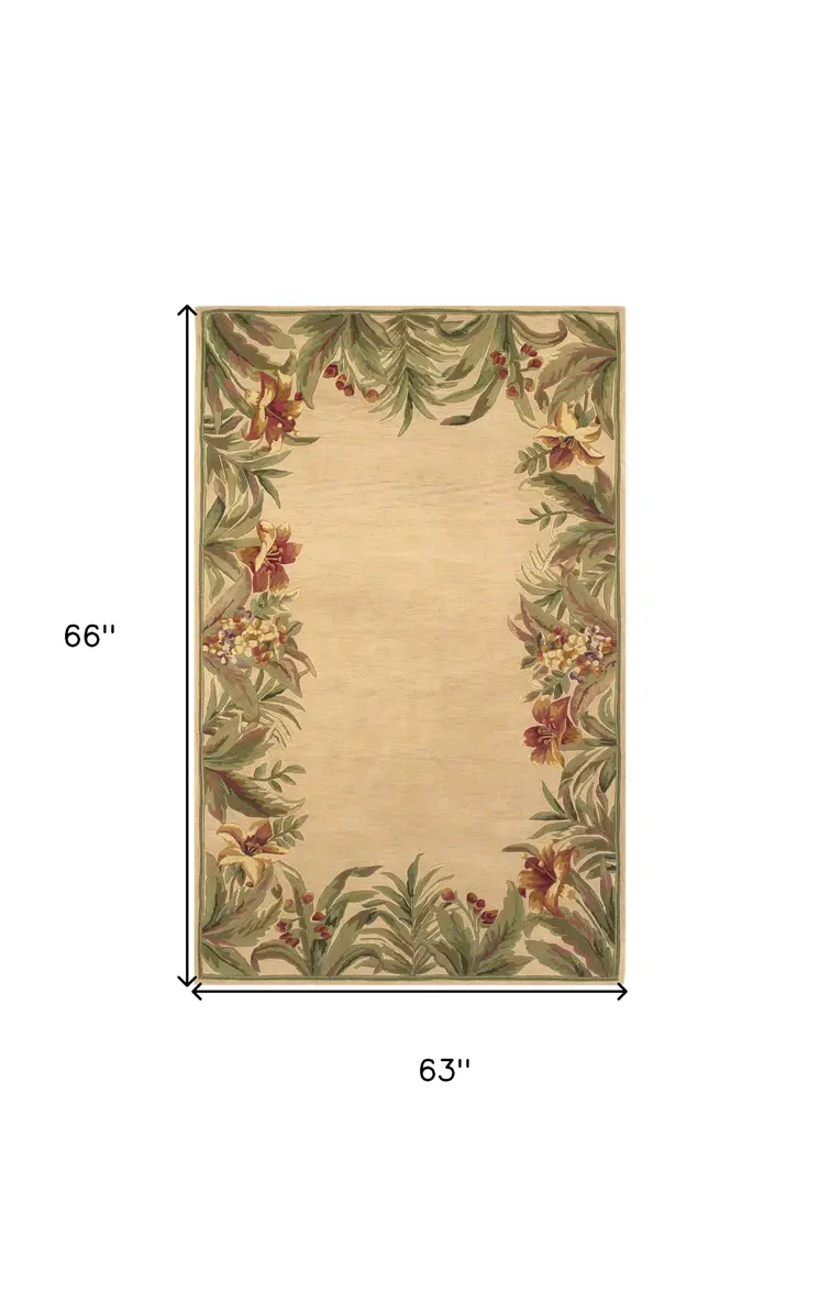 4' X 6' Ivory And Green Wool Tropical Floral Hand Tufted Area Rug