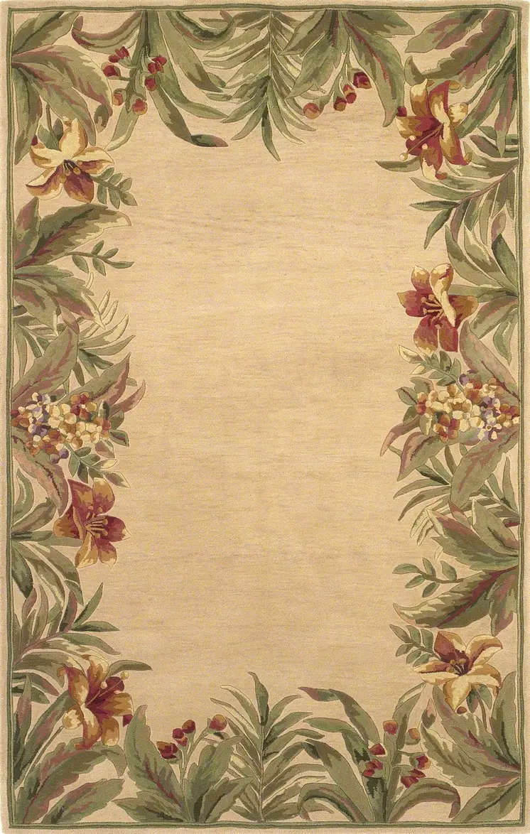 4' X 6' Ivory And Green Wool Tropical Floral Hand Tufted Area Rug