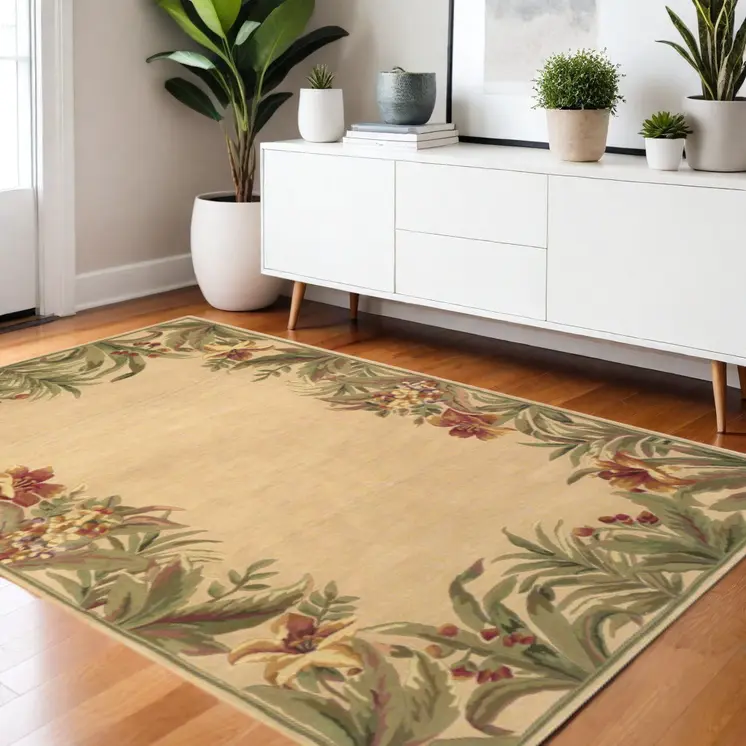 4' X 6' Ivory And Green Wool Tropical Floral Hand Tufted Area Rug