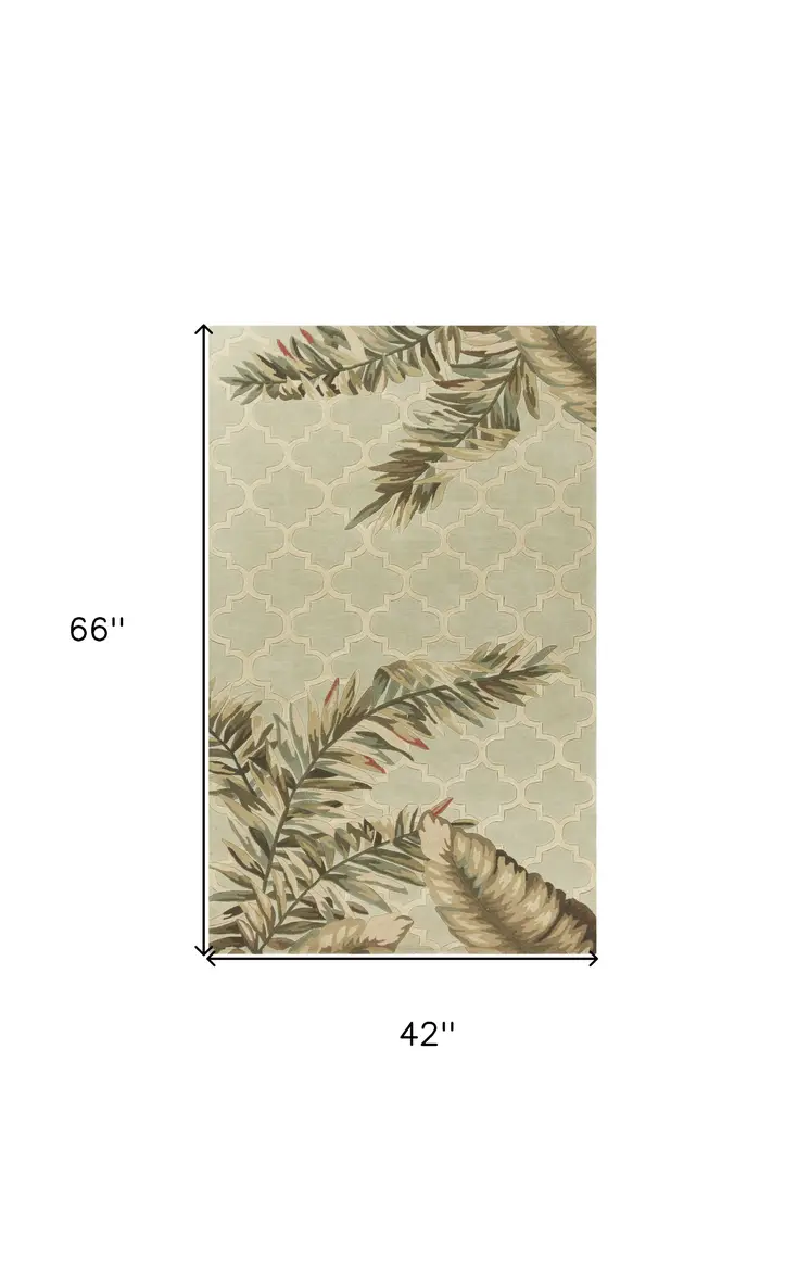 4' X 6' Sage And Tan Wool Tropical Botanical Hand Tufted Area Rug