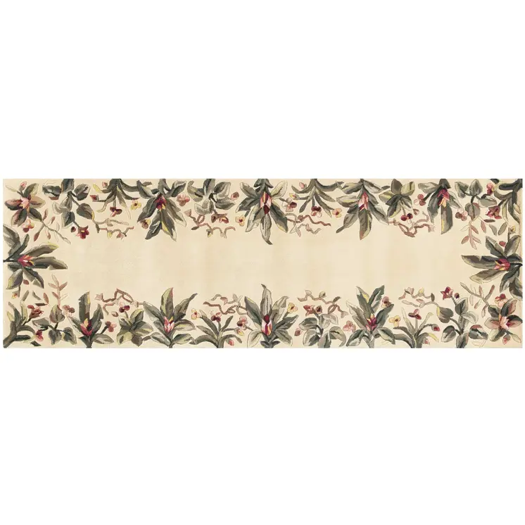 8' Ivory Wool Tropical Floral Shag Hand Tufted Runner Rug