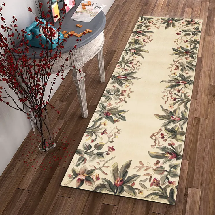 8' Ivory Wool Tropical Floral Shag Hand Tufted Runner Rug