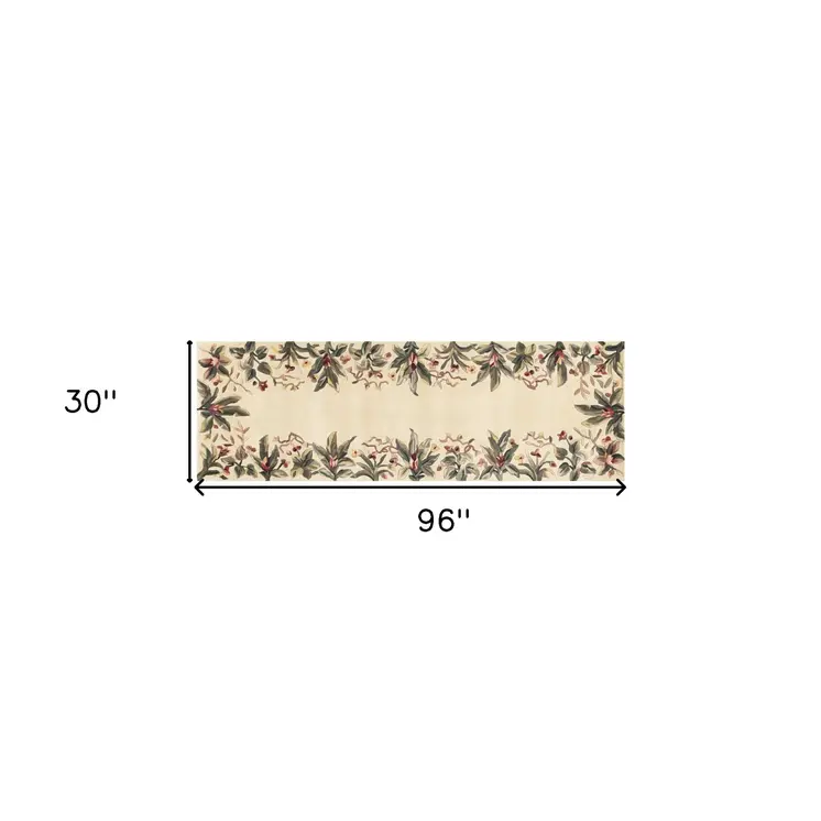 8' Ivory Wool Tropical Floral Shag Hand Tufted Runner Rug
