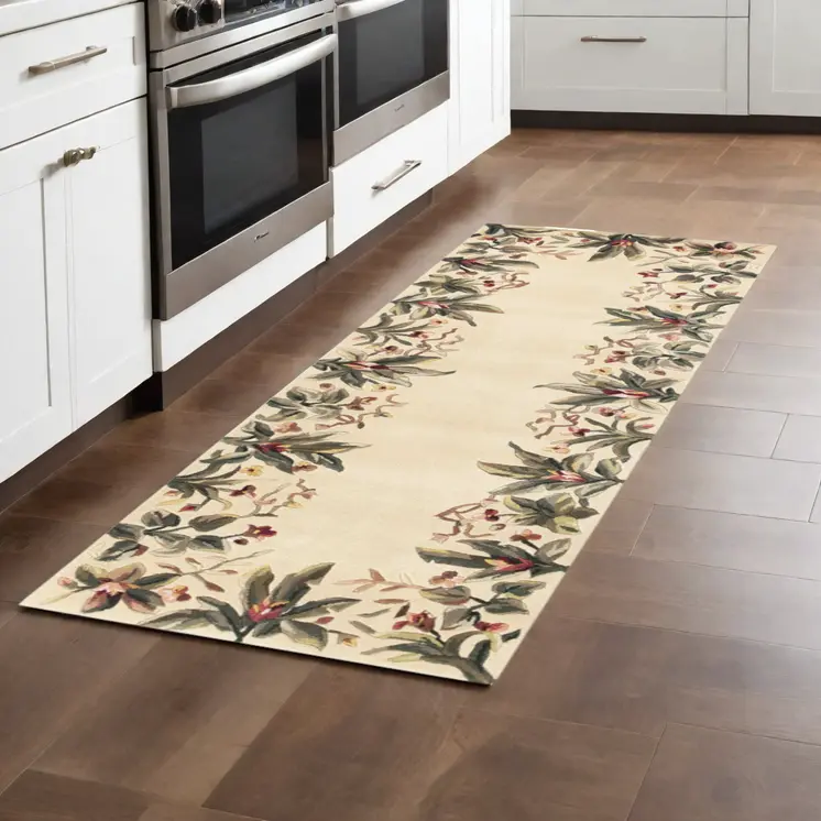 8' Ivory Wool Tropical Floral Shag Hand Tufted Runner Rug