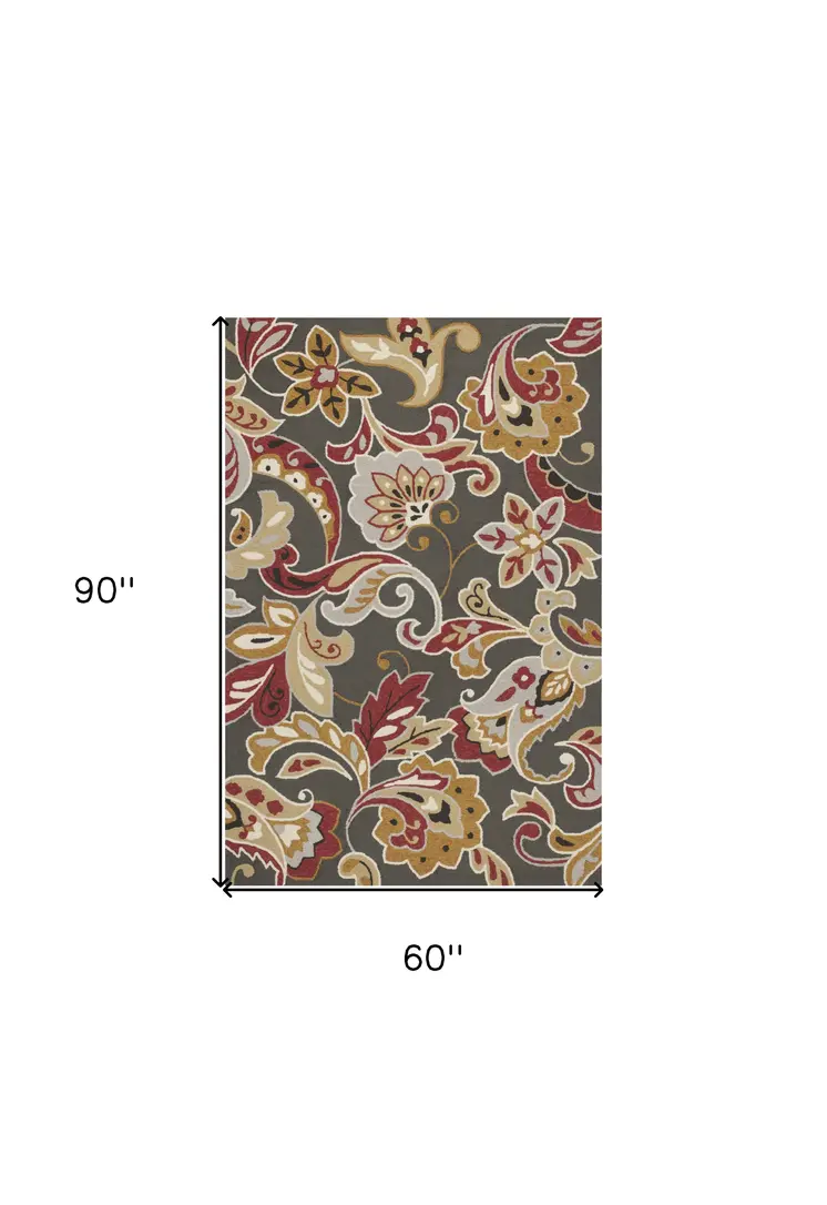 5' X 8' Taupe Floral Indoor Outdoor Area Rug
